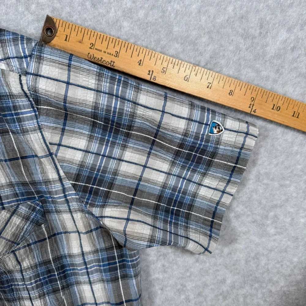 Kuhl Mens Large Blue Grey Plaid Short Sleeve Button Down Mountain Shirt Cotton - Picture 12 of 16
